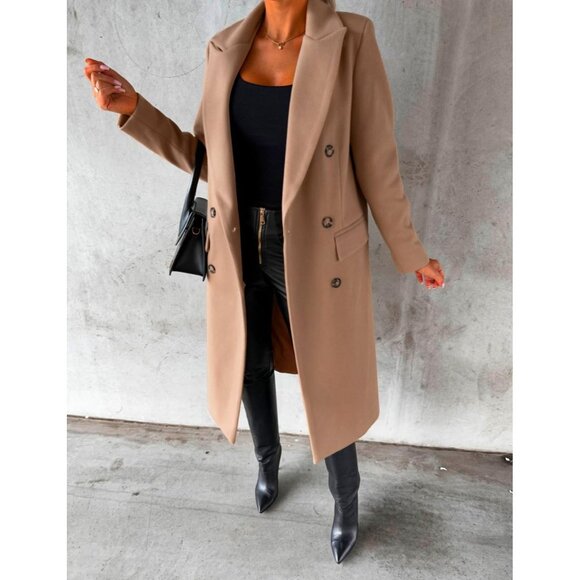 Womens Khaki Long Wool Coat Double Breasted Trench Coat Fall Winter Clothes - Picture 2 of 4